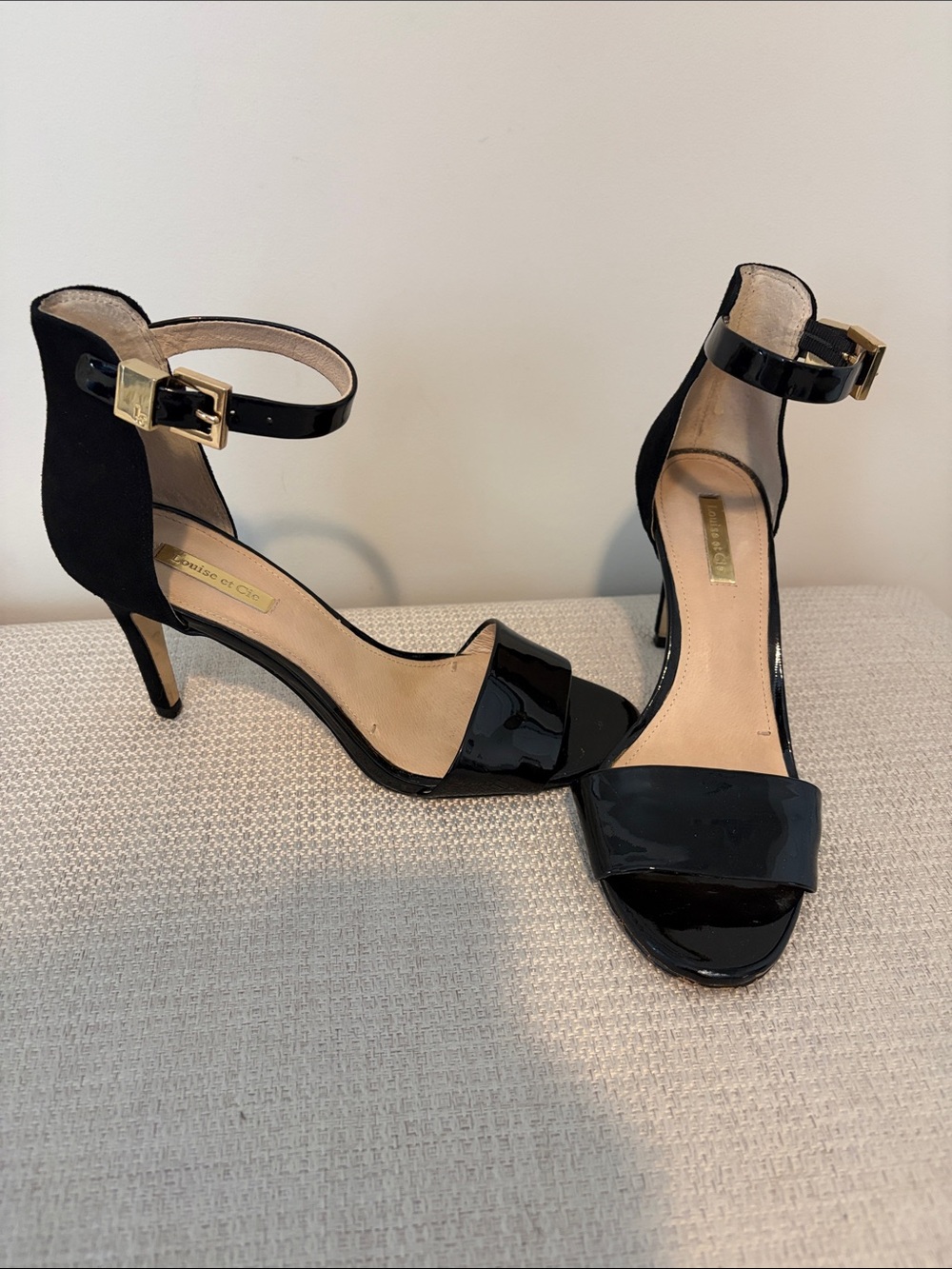 Louise et Cie Black Patent & Suede Ankle-Strap 2 1/2” Heels